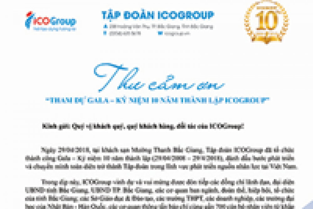 Thư cảm ơn tham dự Lễ kỷ niệm 10 năm thành lập Tập đoàn ICOGroup